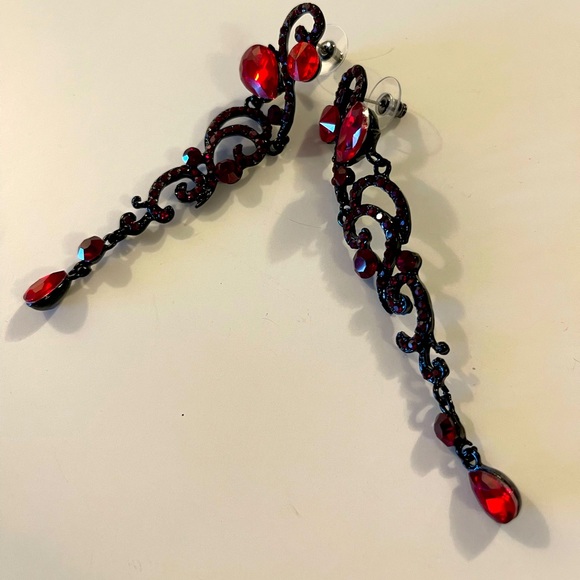 Red Earrings Long Drop Bridal Jewelry - Picture 3 of 4